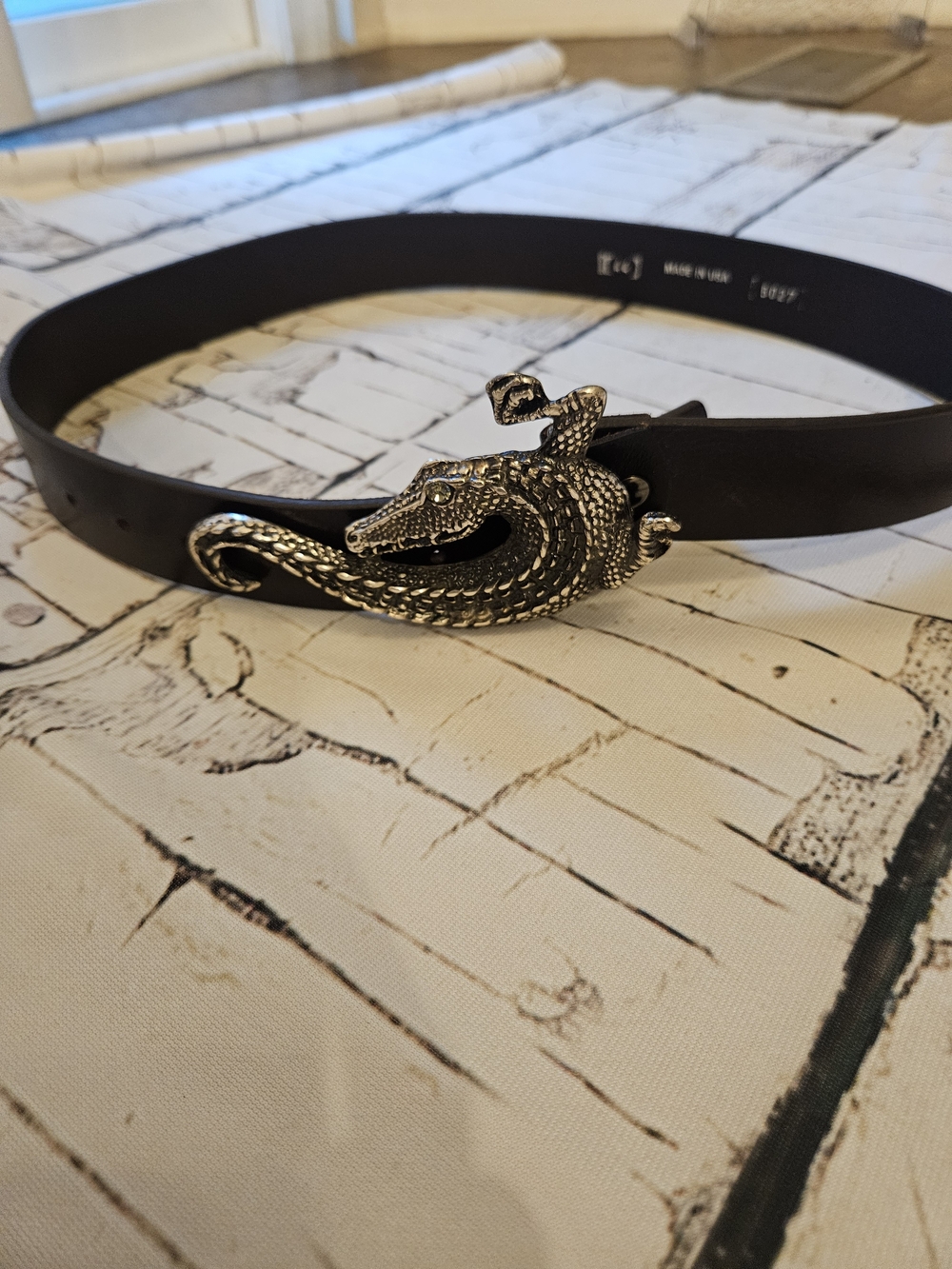 Source Unknown Black Leather Belt with Silver Snake Buckle
